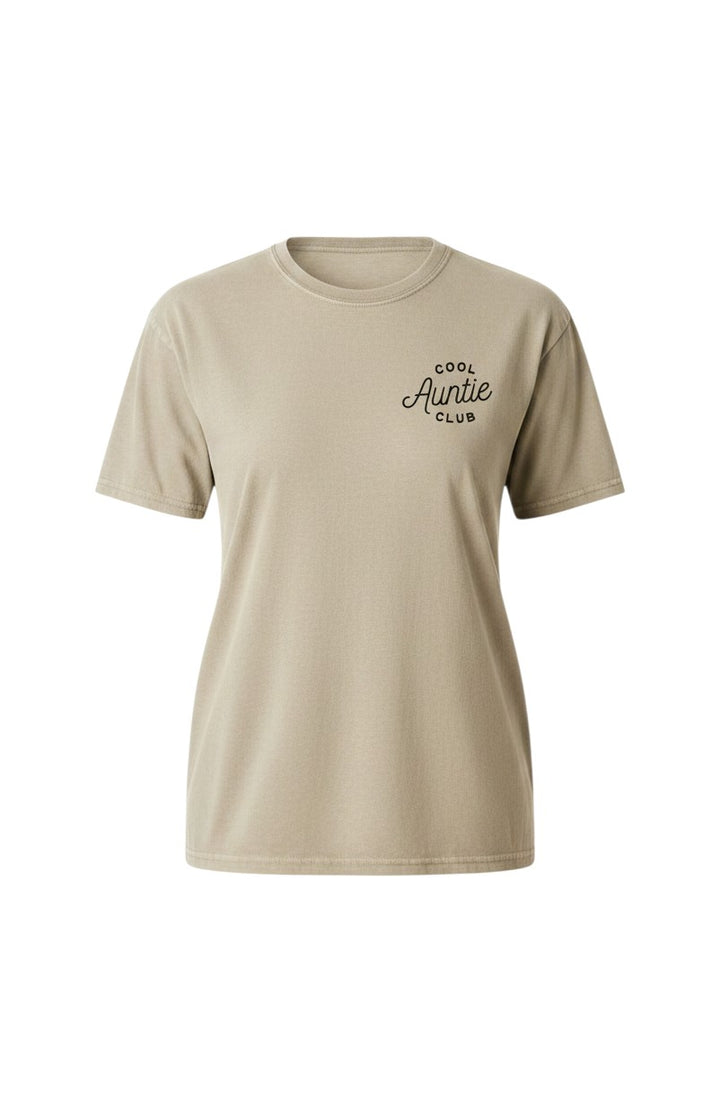Mom & Me Boutique oversized mineral washed tan cotton t-shirt with Cool Auntie Club graphic on the chest