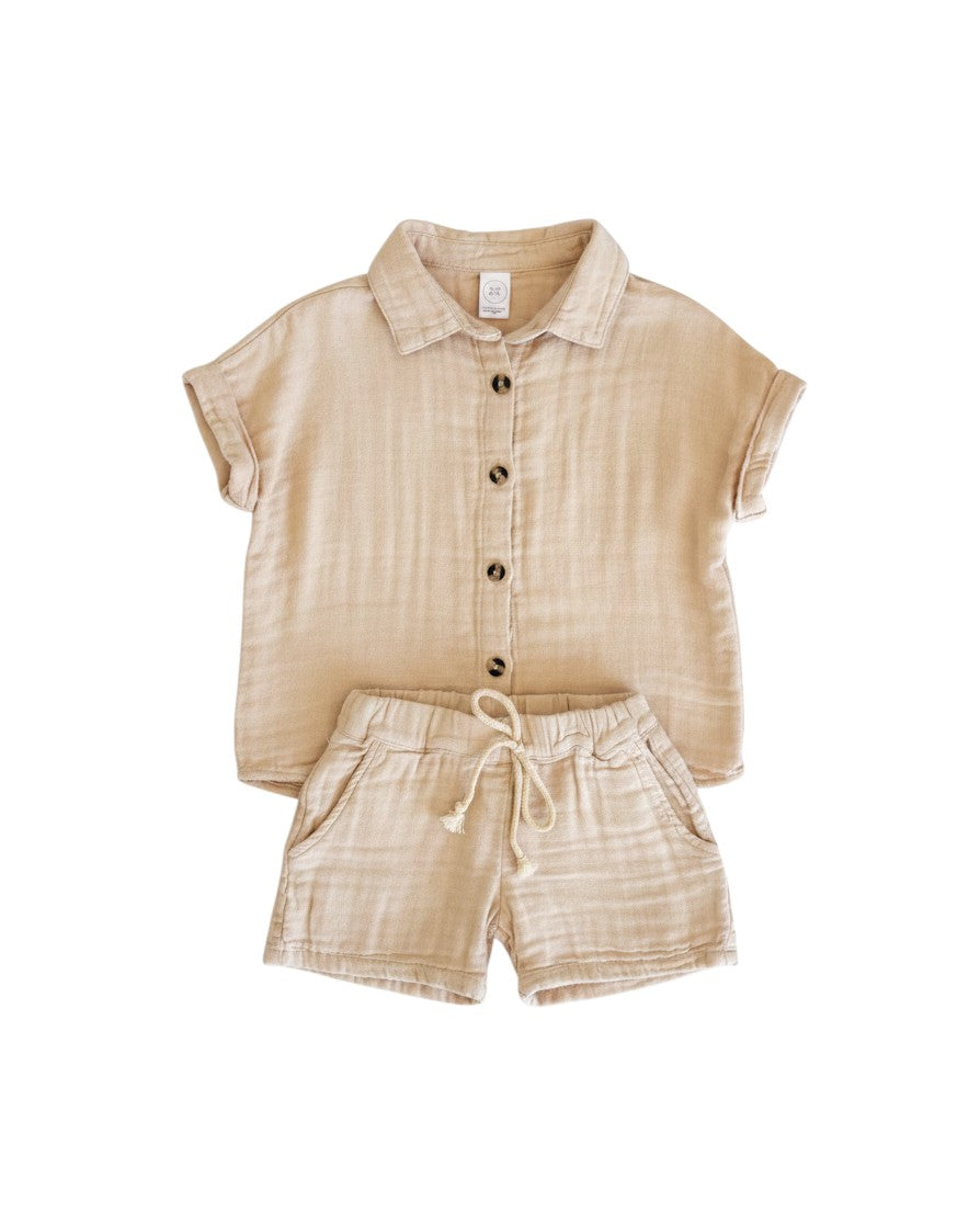 Mom & Me Boutique tan 100% cotton muslin button-up shirt and drawstring shorts set for children