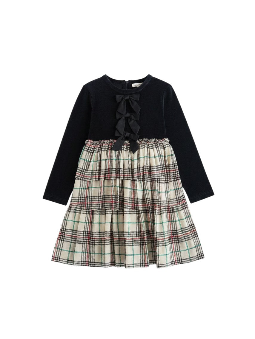 Mom & Me Boutique Tannen Plaid girls dress with black velour bodice, bow accents, and tiered plaid tulle skirt.