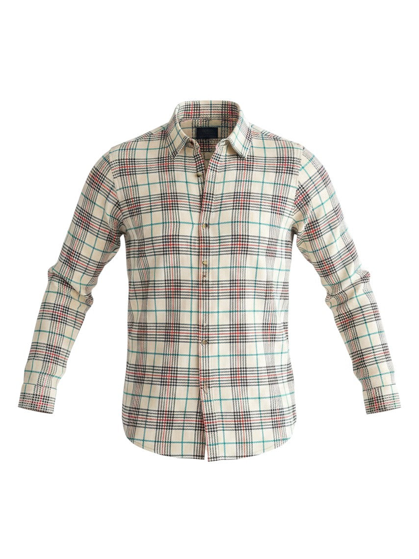 Mom & Me Boutique Tannen Plaid mens long sleeve button down shirt in cream cotton with red and green check pattern