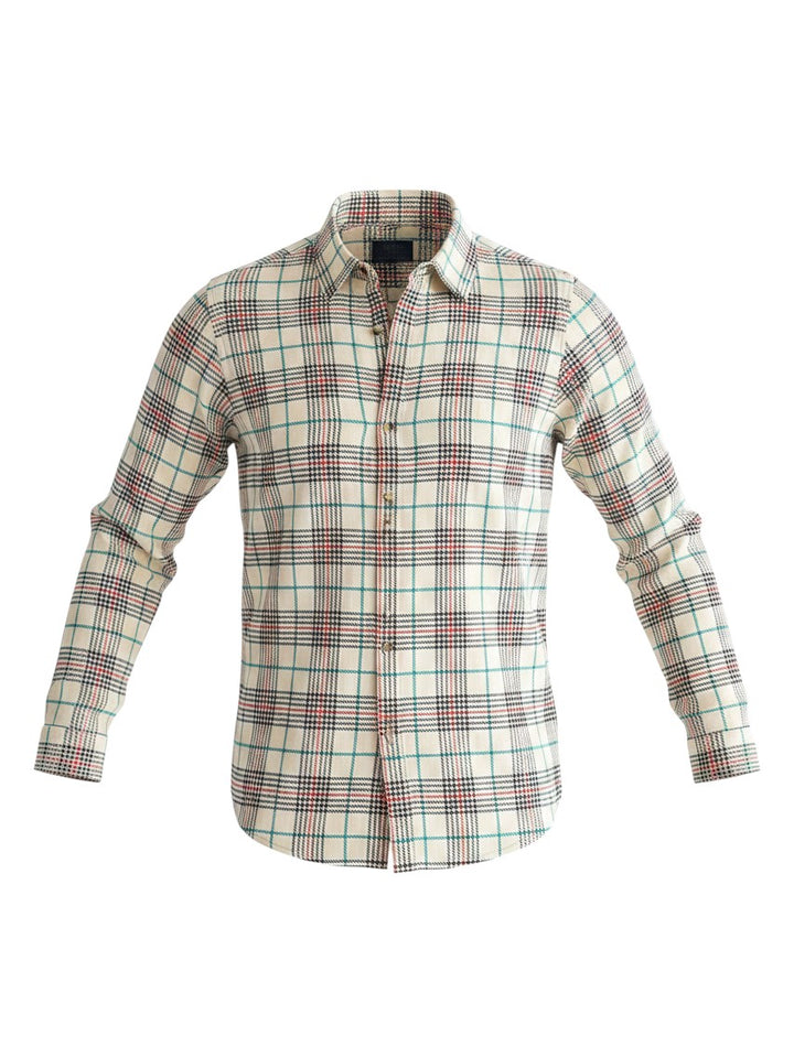 Mom & Me Boutique Tannen Plaid mens long sleeve button down shirt in cream cotton with red and green check pattern