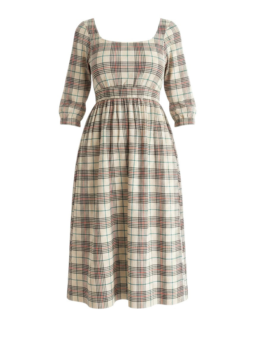 Mom & Me Boutique Tannen Plaid midi dress with scoop neckline, puff sleeves, and elastic waist in 100% cotton