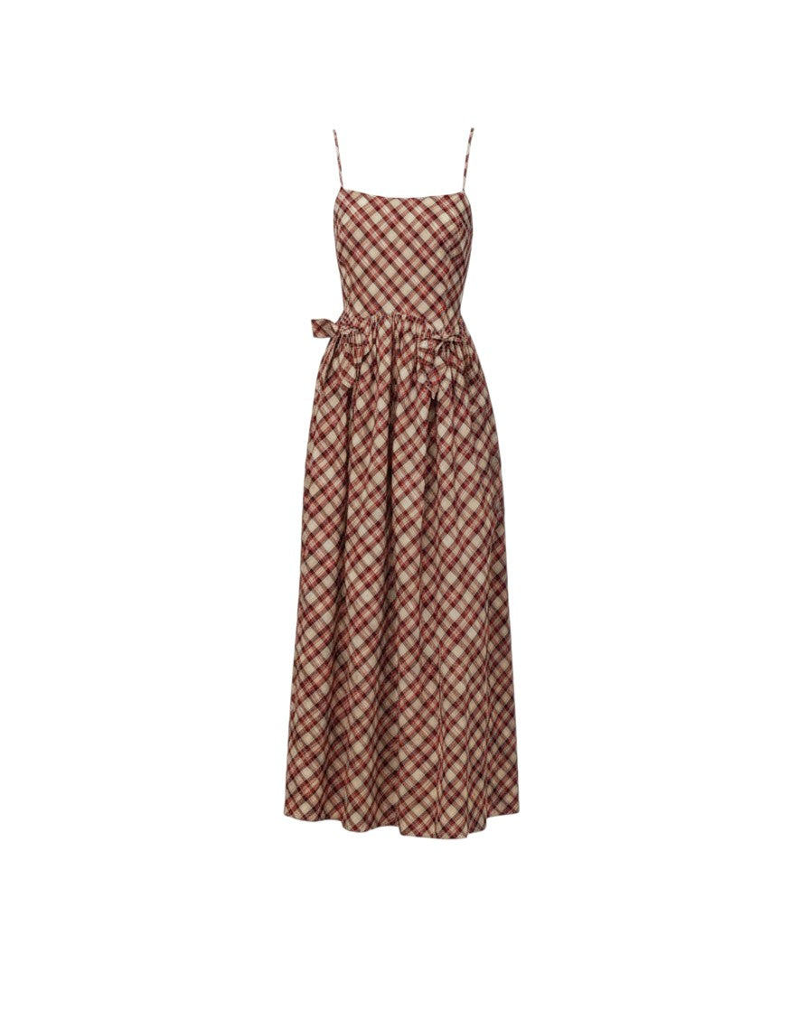 Mom & Me Boutique Beatrice midi dress in red and beige holiday tartan cotton with spaghetti straps and side bows.