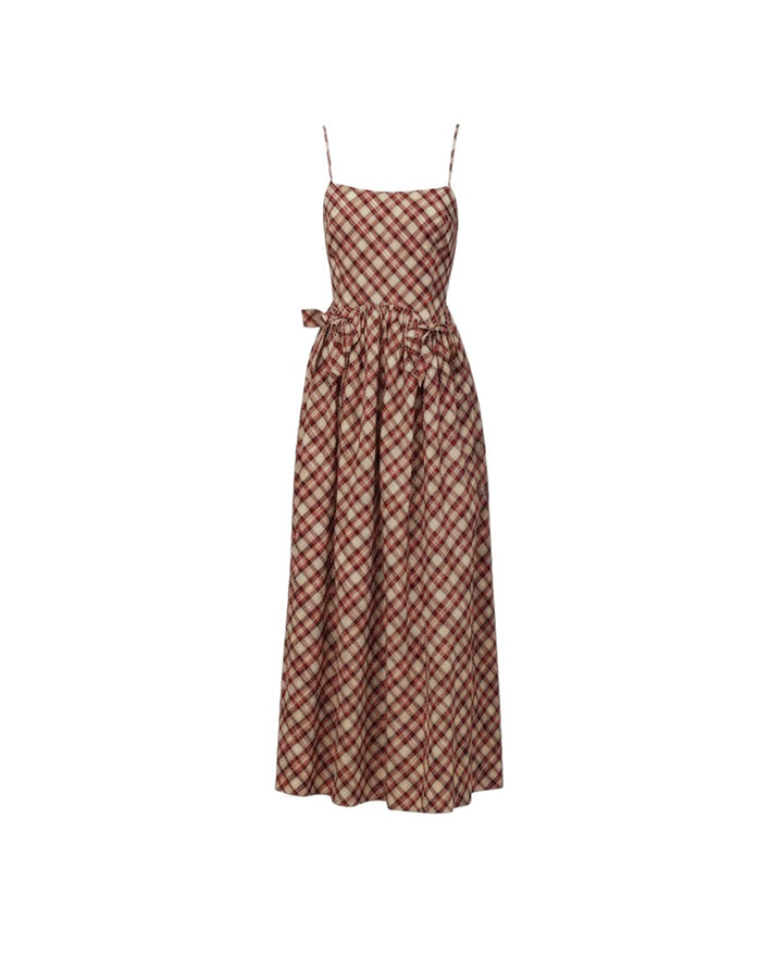 Mom & Me Boutique Beatrice midi dress in red and beige holiday tartan cotton with spaghetti straps and side bows.
