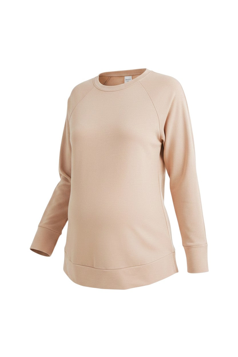 Mom & Me Boutique taupe long sleeve maternity nursing pullover with a crew neck and side zip detail.