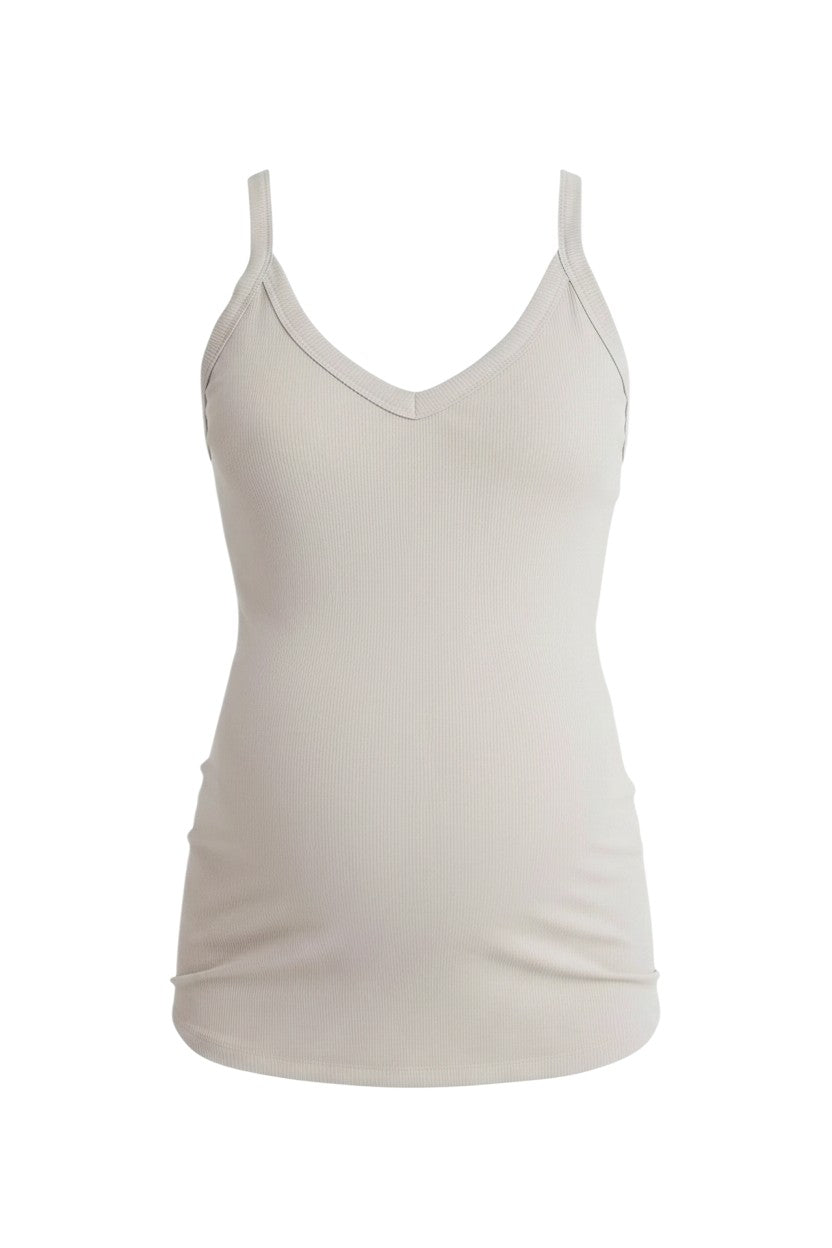 Mom & Me Boutique taupe ribbed maternity tank top with a v-neck and racer back design in rayon spandex blend.