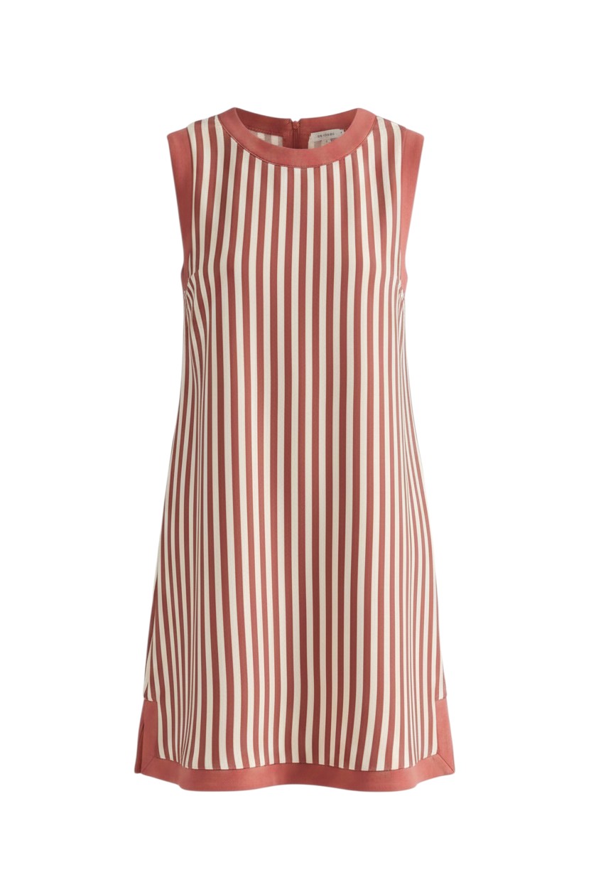 Mom & Me Boutique terracotta and white striped sleeveless knit mini dress with contrast trim and back button closure