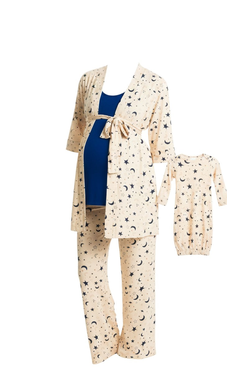 Mom & Me Boutique 5-piece maternity and newborn sleepwear set in cream with navy star and moon print