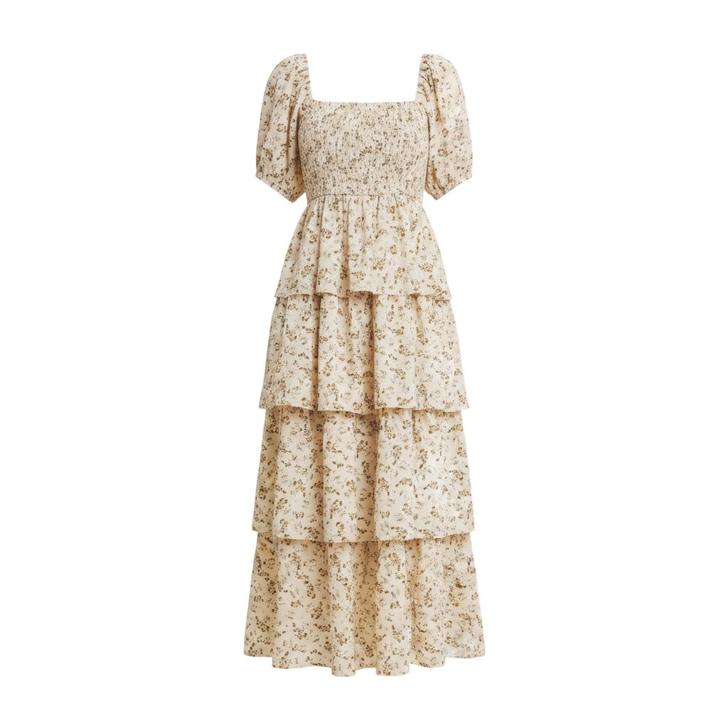Mom & Me Boutique Margot maxi dress in vanilla with Victorian floral print, square neck, and tiered ruffle skirt.
