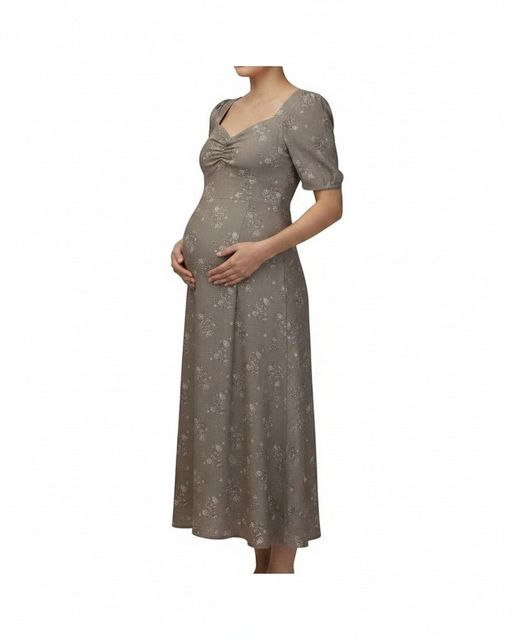 Mom & Me Boutique Violet maternity dress in eucalyptus floral print with gathered bodice and A-line silhouette