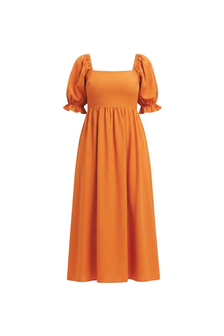 Mom & Me Boutique Vivienne midi dress in orange viscose-linen blend with square neck and puff sleeves