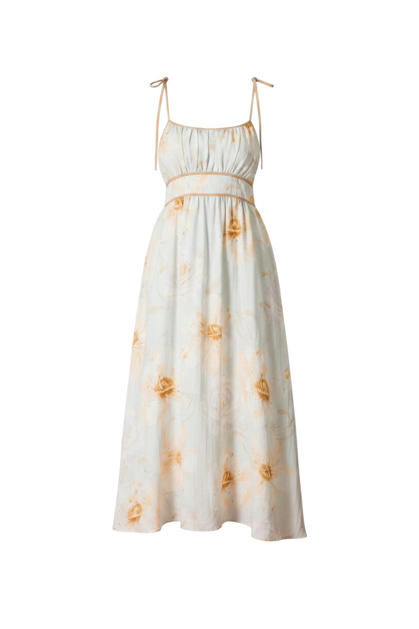 Mom & Me Boutique Melania midi dress in watercolor floral print with scoop neckline and adjustable spaghetti tie straps