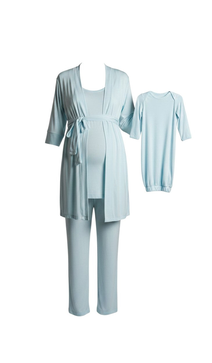 Mom & Me Boutique 5-piece whispering blue maternity nursing set with robe, top, pants, baby gown, and matching hat.