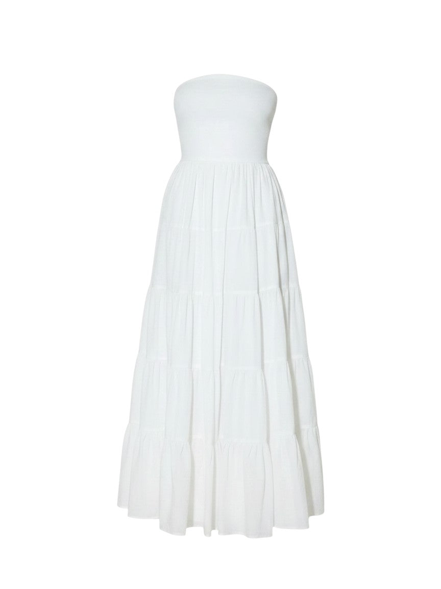 Mom & Me Boutique white strapless midi dress in 100% cotton with a smocked bodice and tiered skirt