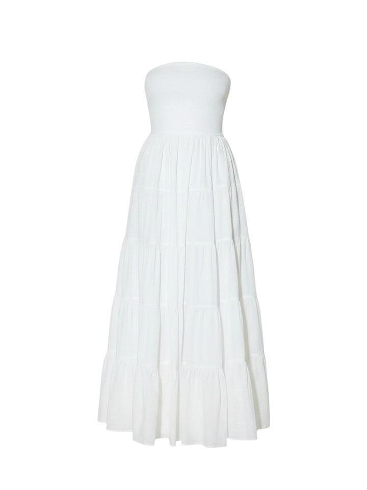 Mom & Me Boutique white strapless midi dress in 100% cotton with a smocked bodice and tiered skirt