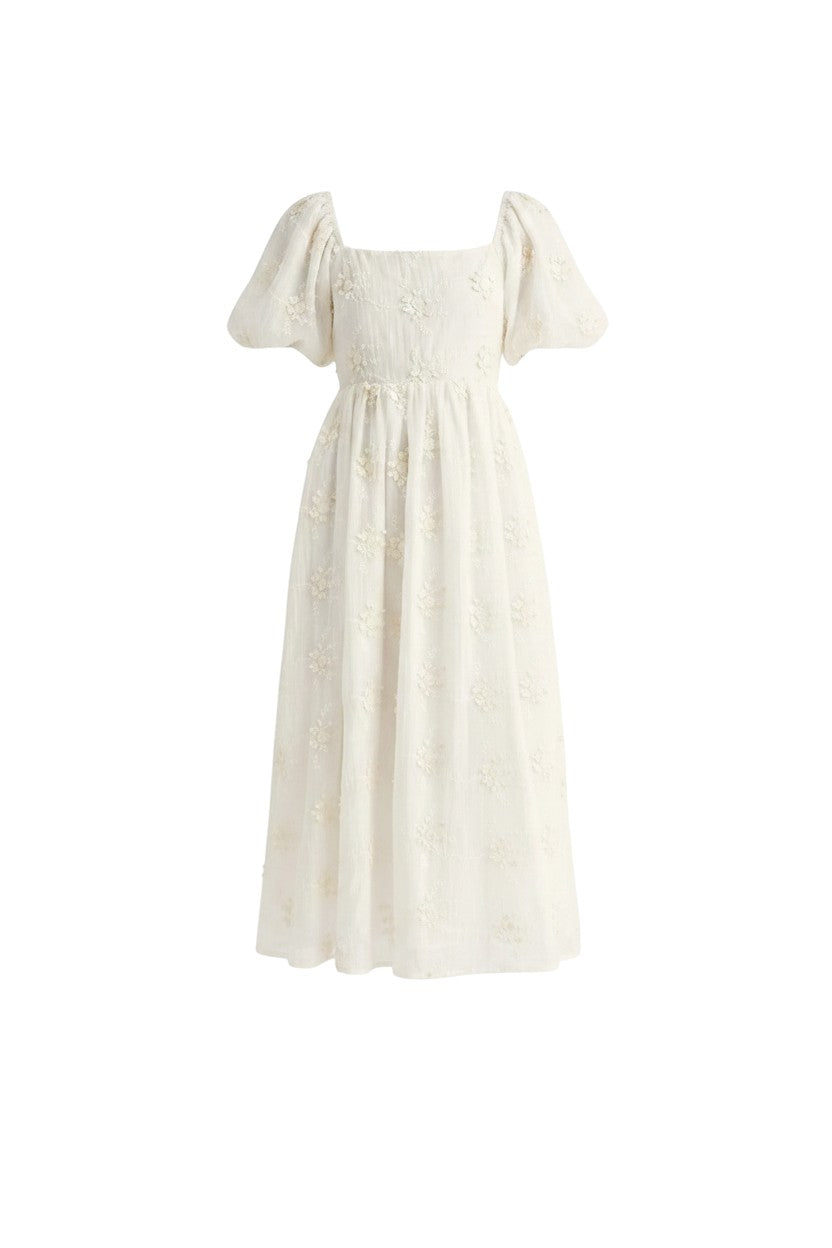 Mom & Me Boutique white midi dress with embroidered floral details, square neckline, and puff sleeves in Tencel cotton