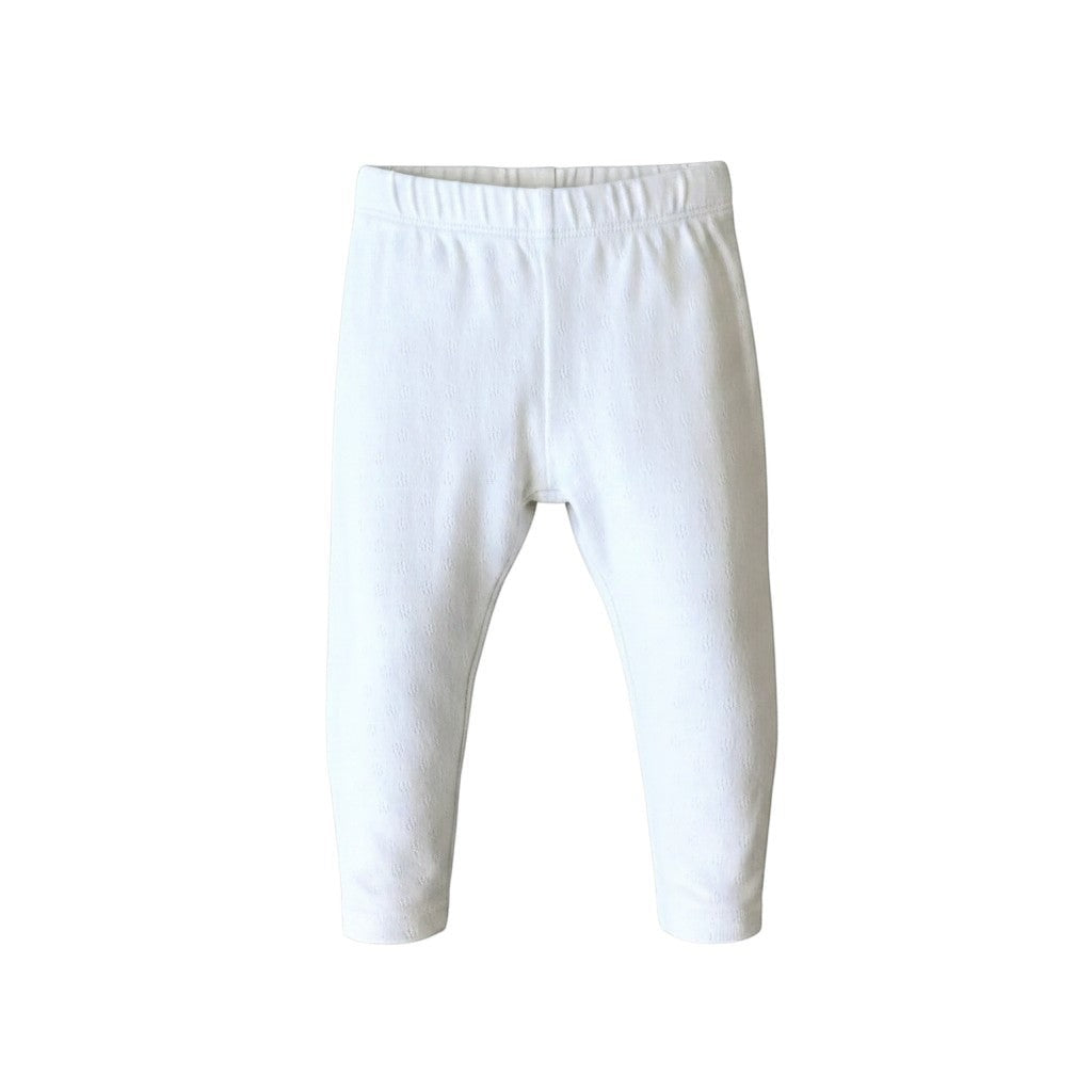 Mom & Me Boutique white organic cotton baby leggings featuring a soft pointelle knit design and comfortable fit.