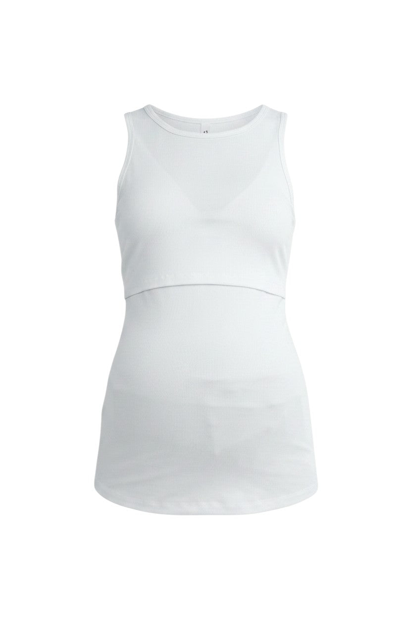 Mom & Me Boutique white sleeveless ribbed maternity nursing tank top with a double layer design.