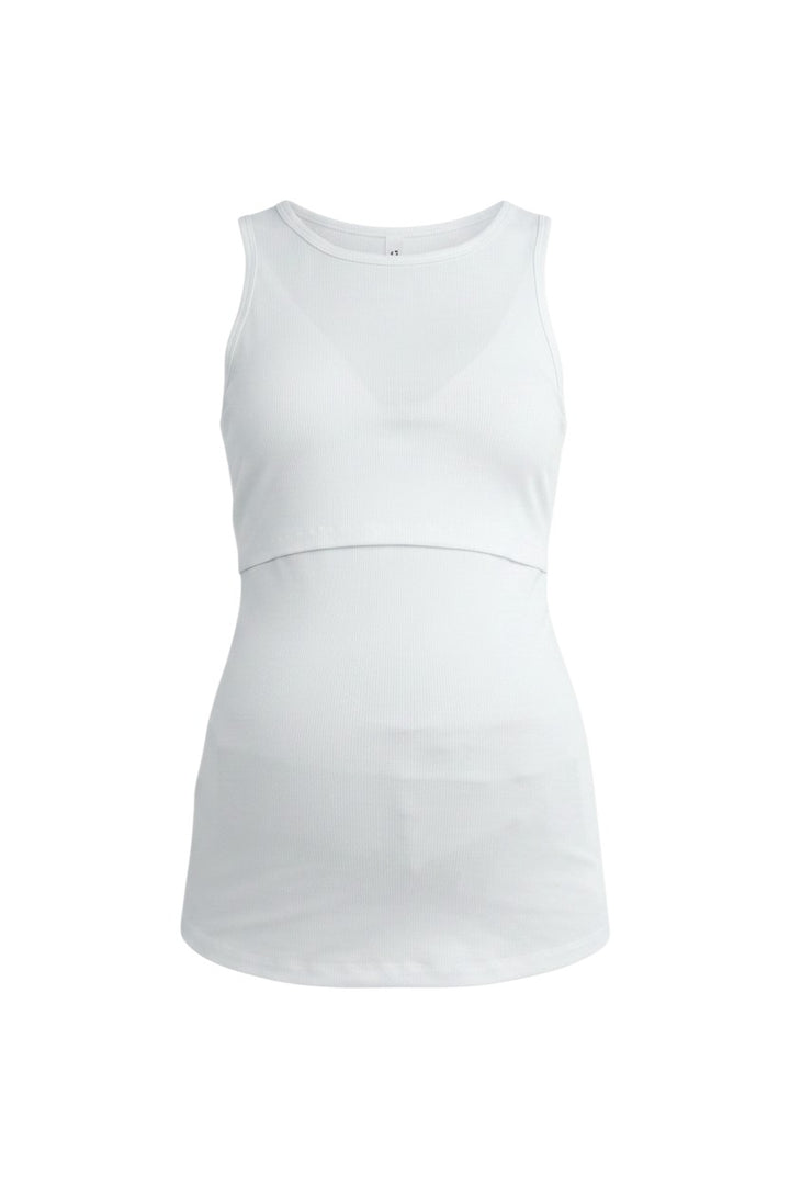 Mom & Me Boutique white sleeveless ribbed maternity nursing tank top with a double layer design.