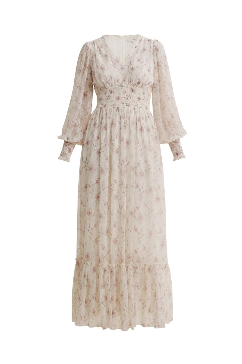 Mom & Me Boutique Whitley maxi dress in cream mesh with wildflower print, smocked waist, and long bishop sleeves.