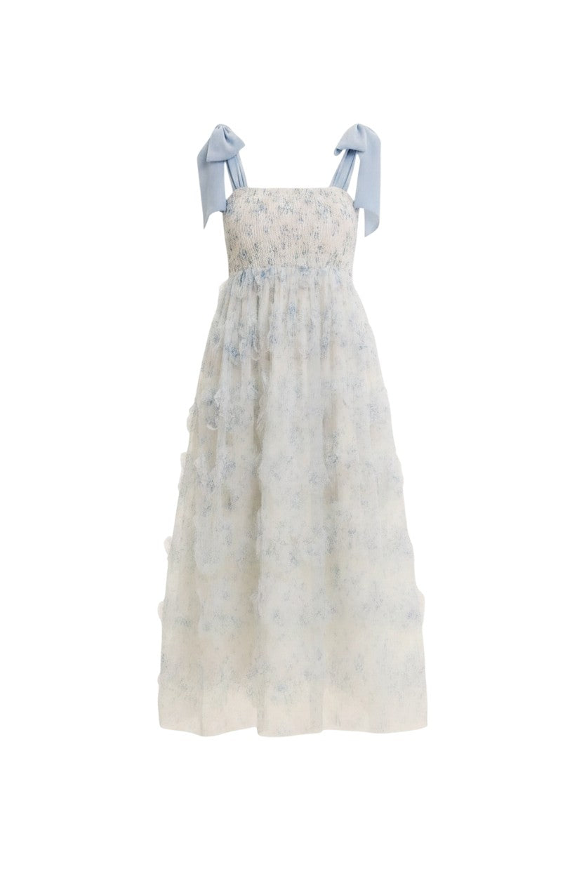Mom & Me Boutique Wisteria midi dress in maya blue with a smocked bust, square neckline, and ruffle mesh overlay.
