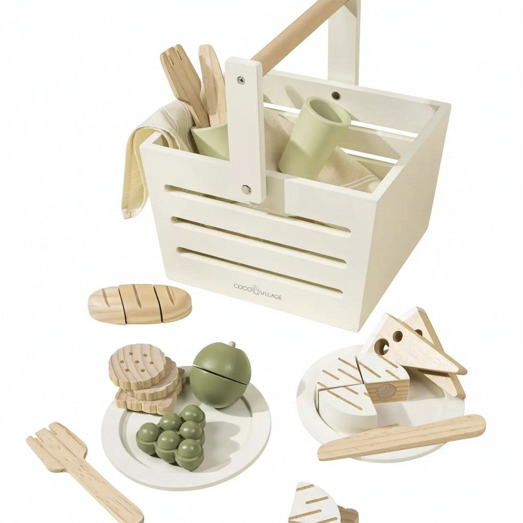Mom & Me Boutique wooden picnic playset with white basket, play food, and kitchen accessories for toddlers