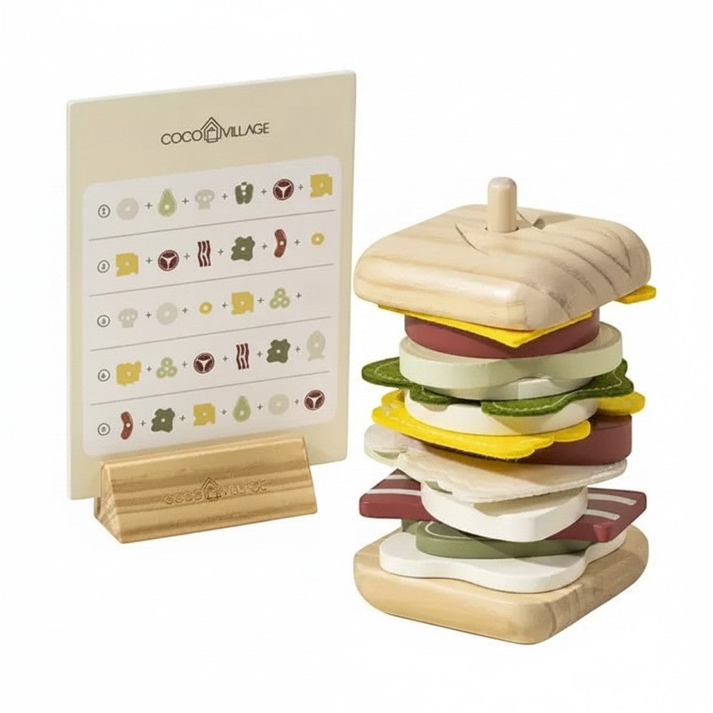 Mom & Me Boutique wooden stackable sandwich toy with various food ingredients and an illustrated assembly guide
