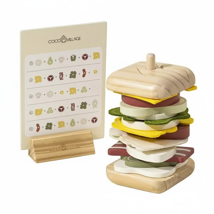 Mom & Me Boutique wooden stackable sandwich toy with various food ingredients and an illustrated assembly guide