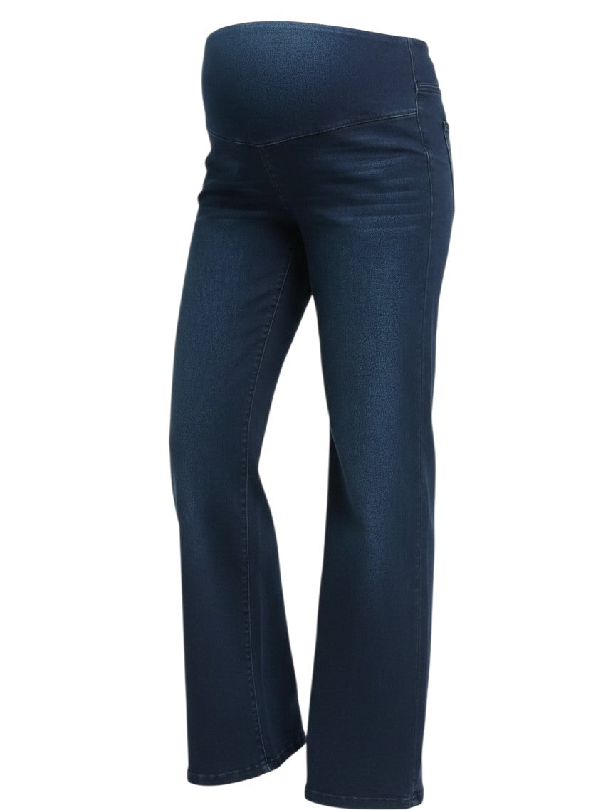 Mom & Me Boutique Yanique maternity wide leg jeans in dark blue denim with a comfortable over-the-bump waistband.