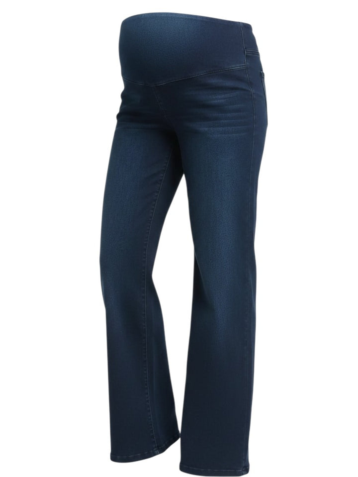 Mom & Me Boutique Yanique maternity wide leg jeans in dark blue denim with a comfortable over-the-bump waistband.