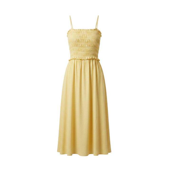 Mom & Me Boutique yellow midi dress in woven rayon blend with adjustable spaghetti straps and elasticated ruched bodice.