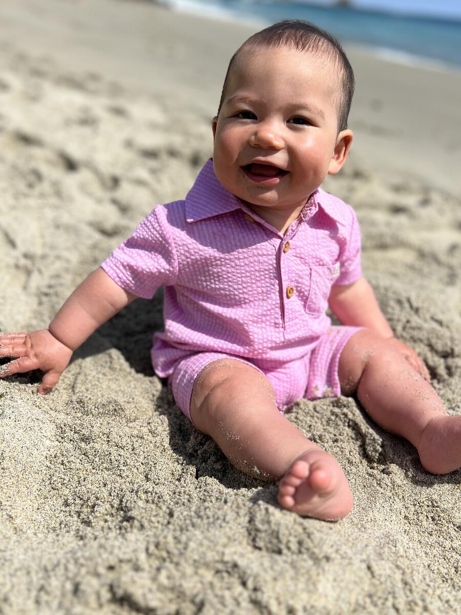 Sandy Romper - Pink Seersucker