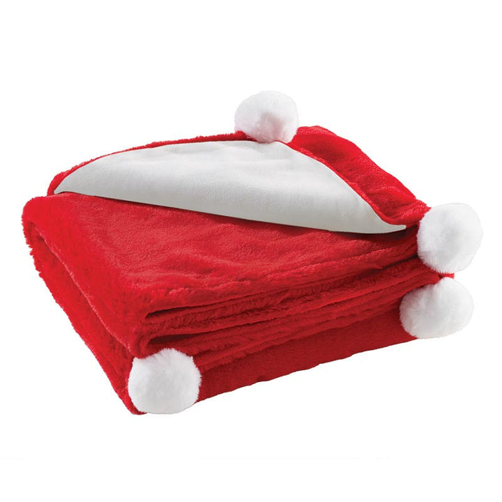 Plush Blanket - Red/White Poms