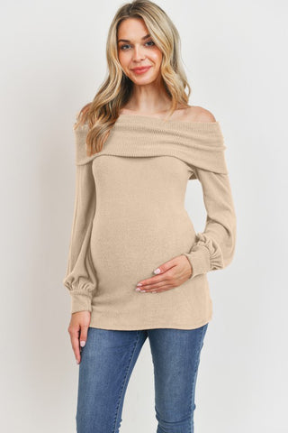 Taupe Off Shoulder Sweater Knit Maternity Top